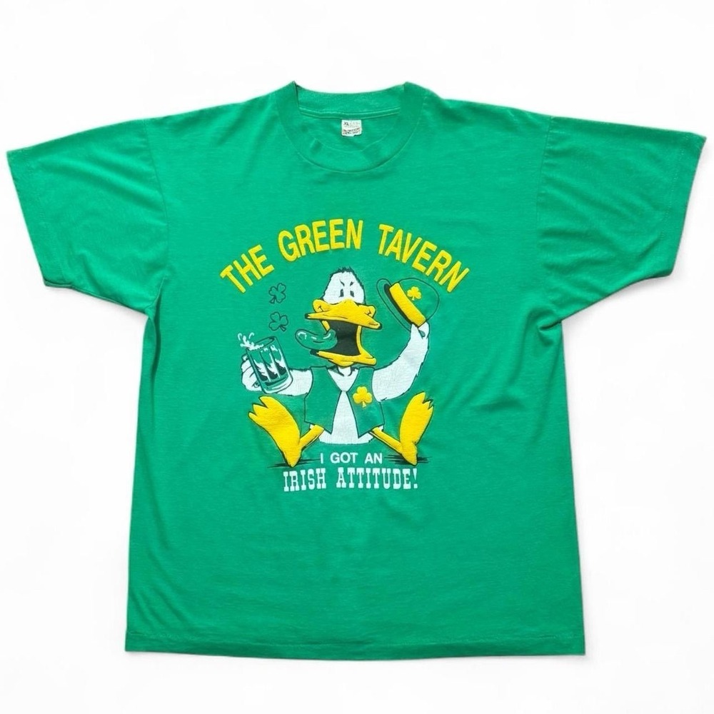 Vintage 80s Puff Print The Green Tavern Irish Lucky Ducky 3D Graphic T-shirt XL
